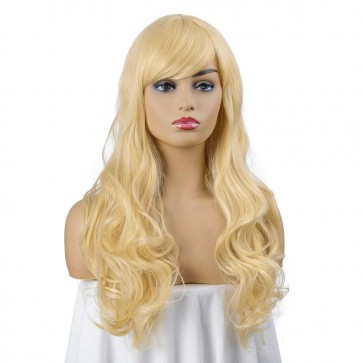 Light Blonde Long Curly Wavy Wig with Side Part Bangs Wig